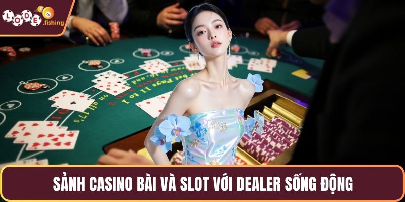 Sảnh casino bài và slot với dealer sống động